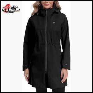 Waterproof Mid-Length Rain Jacket with Hood for Hiking Travel